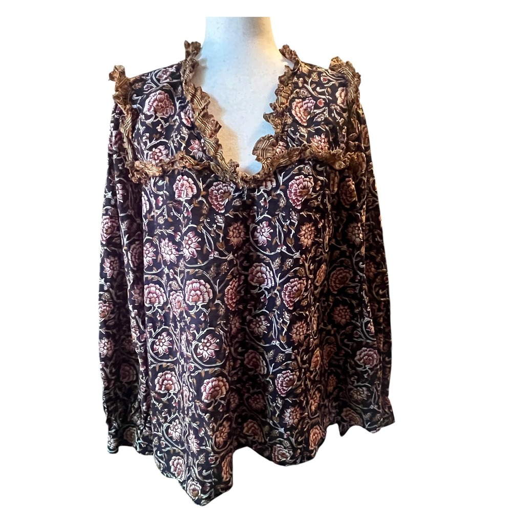 Othilia Sera Anthropologie Top Blouse Womens XL Black Floral Ruffle Boho Cotton